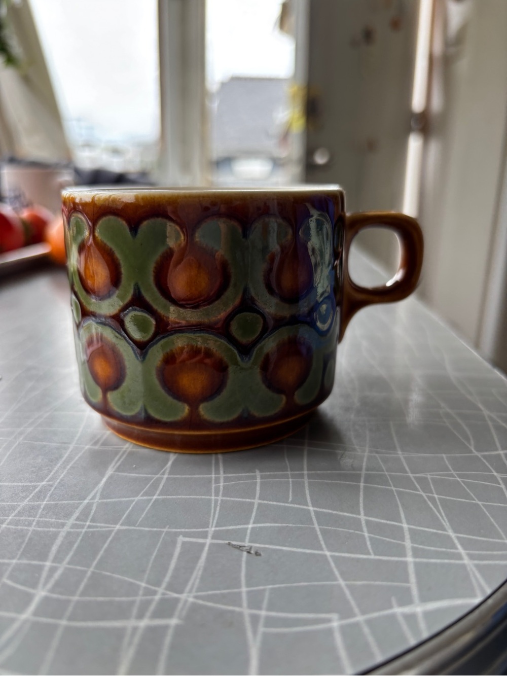 Vintage Hornsea Pottery "Bronte" pattern teacup in brown and green